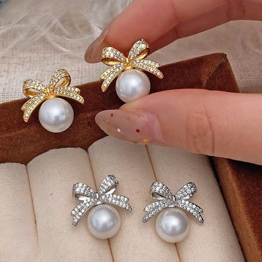 Bow Sparkle Diamond Pearl Stud Earrings HHC