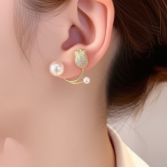 Beautiful Pearl Zircon Korean Flower Earrings – AWT-999 HHC