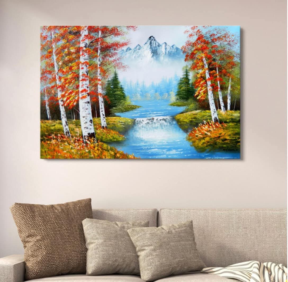 Autumn Mountain River Canvas Art – Scenic Nature Landscape Wall Decor HHC