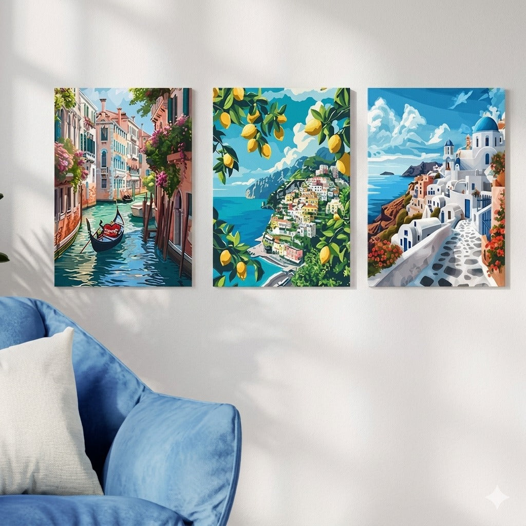 3-Piece Scenic Canvas Wall Art – Italian & Greek Landscape HHC