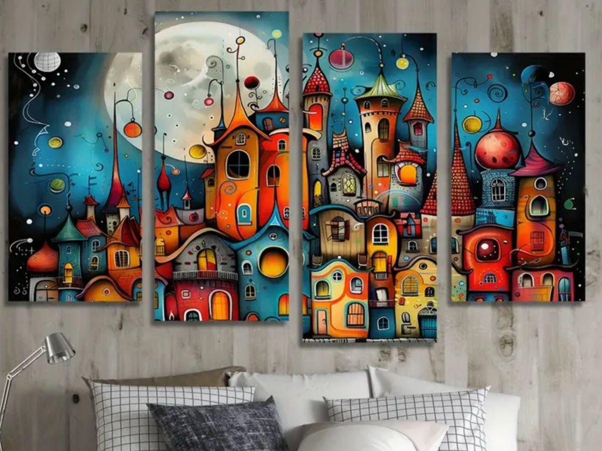 Abstract Fantasy City Wall Art Canvas Set – Colorful Modern Decorative Panels HHC