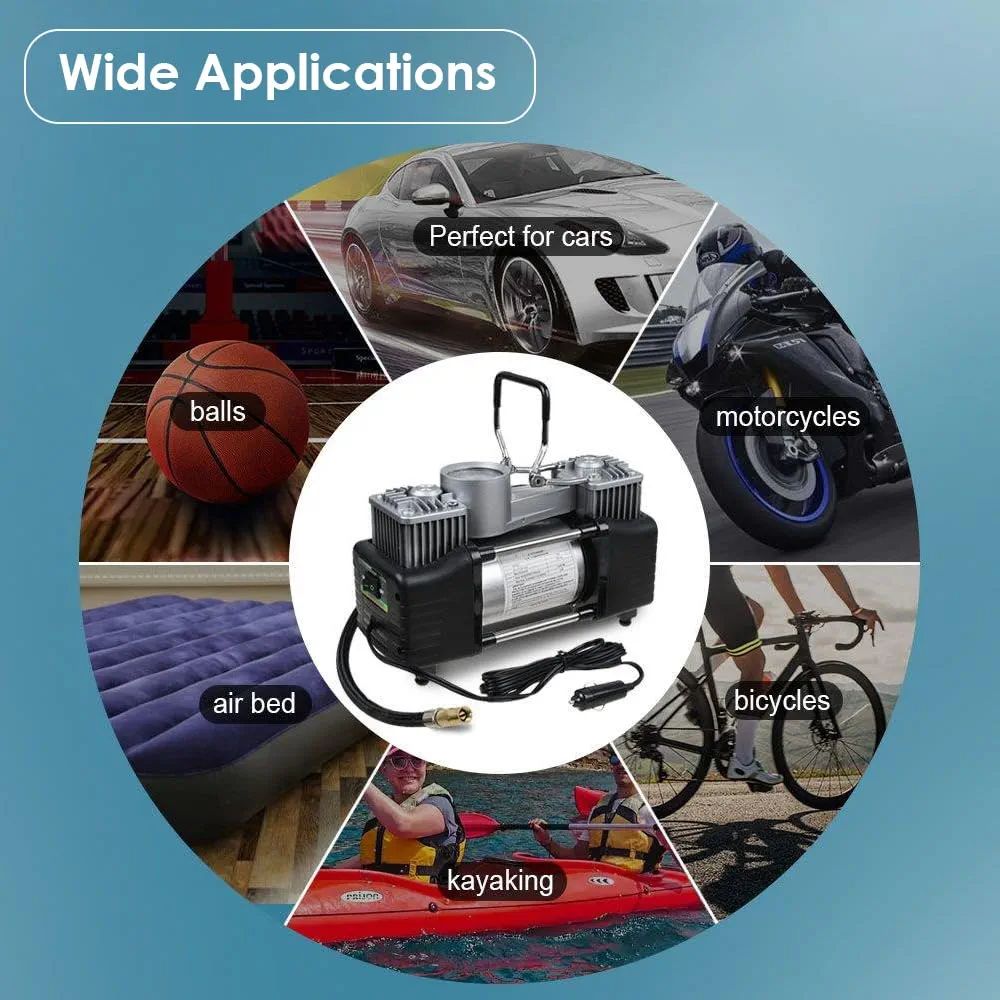 Imported Double Cylinder 12V Portable Electric Car Air Pump & Repair Kit HHC