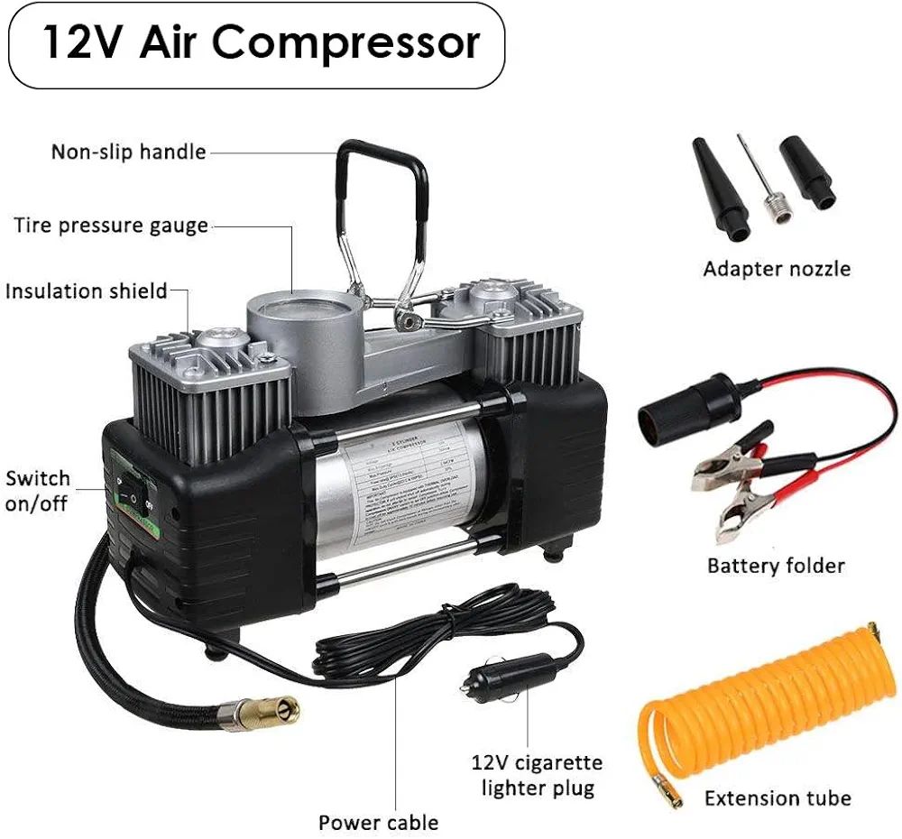 Imported Double Cylinder 12V Portable Electric Car Air Pump & Repair Kit HHC