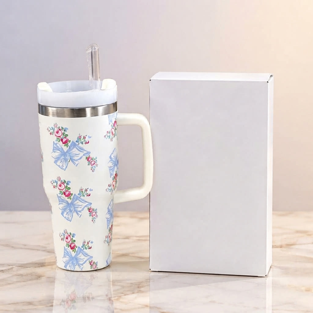 Stanley Style White Floral Print Tumbler HHC