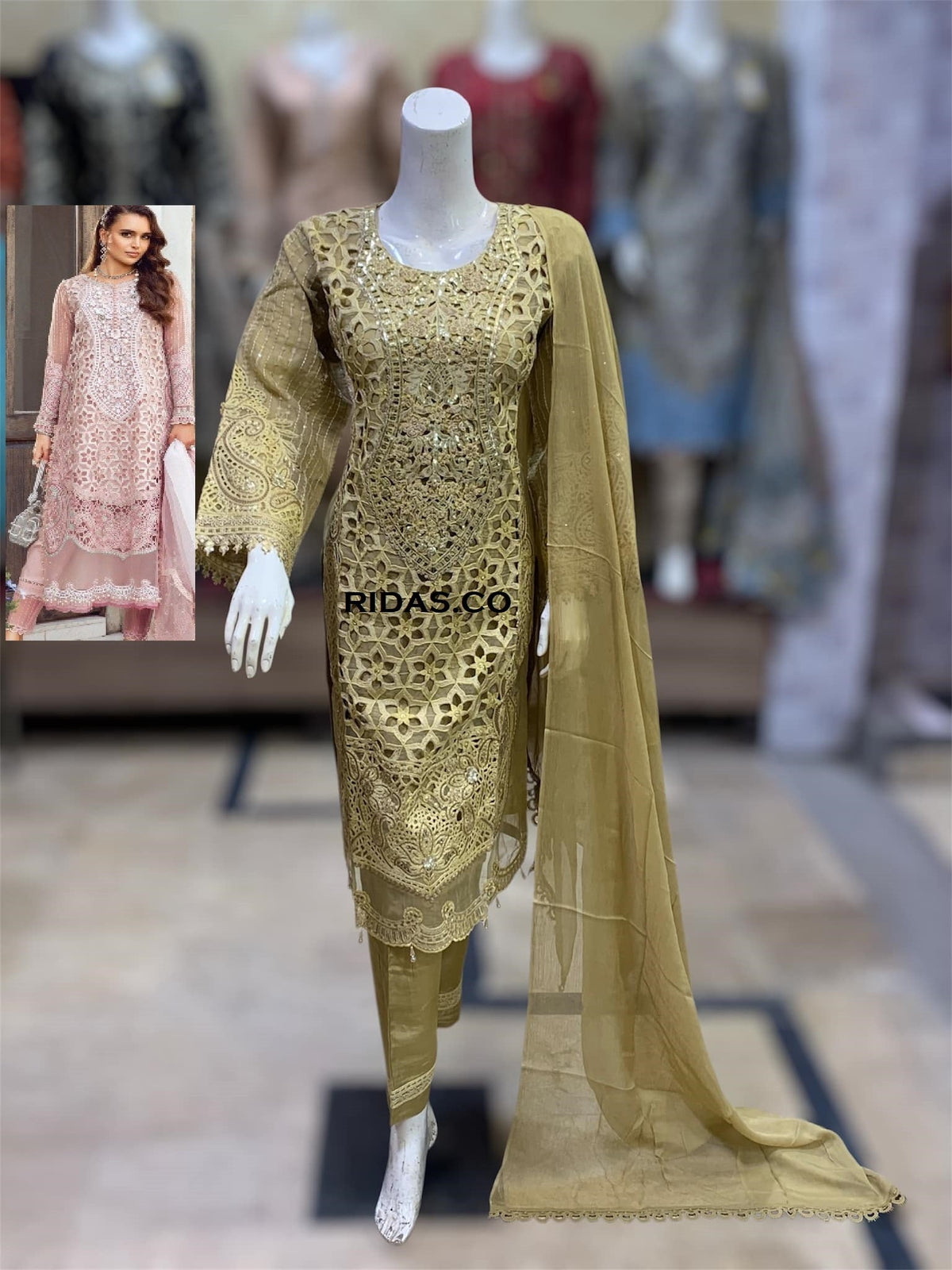 Maria b golden color embroidered dress Mansooj