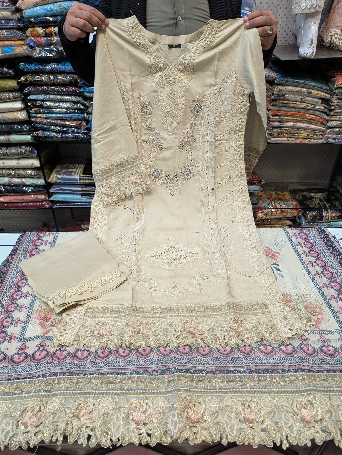 Maria b cream color embroidered dress Mansooj