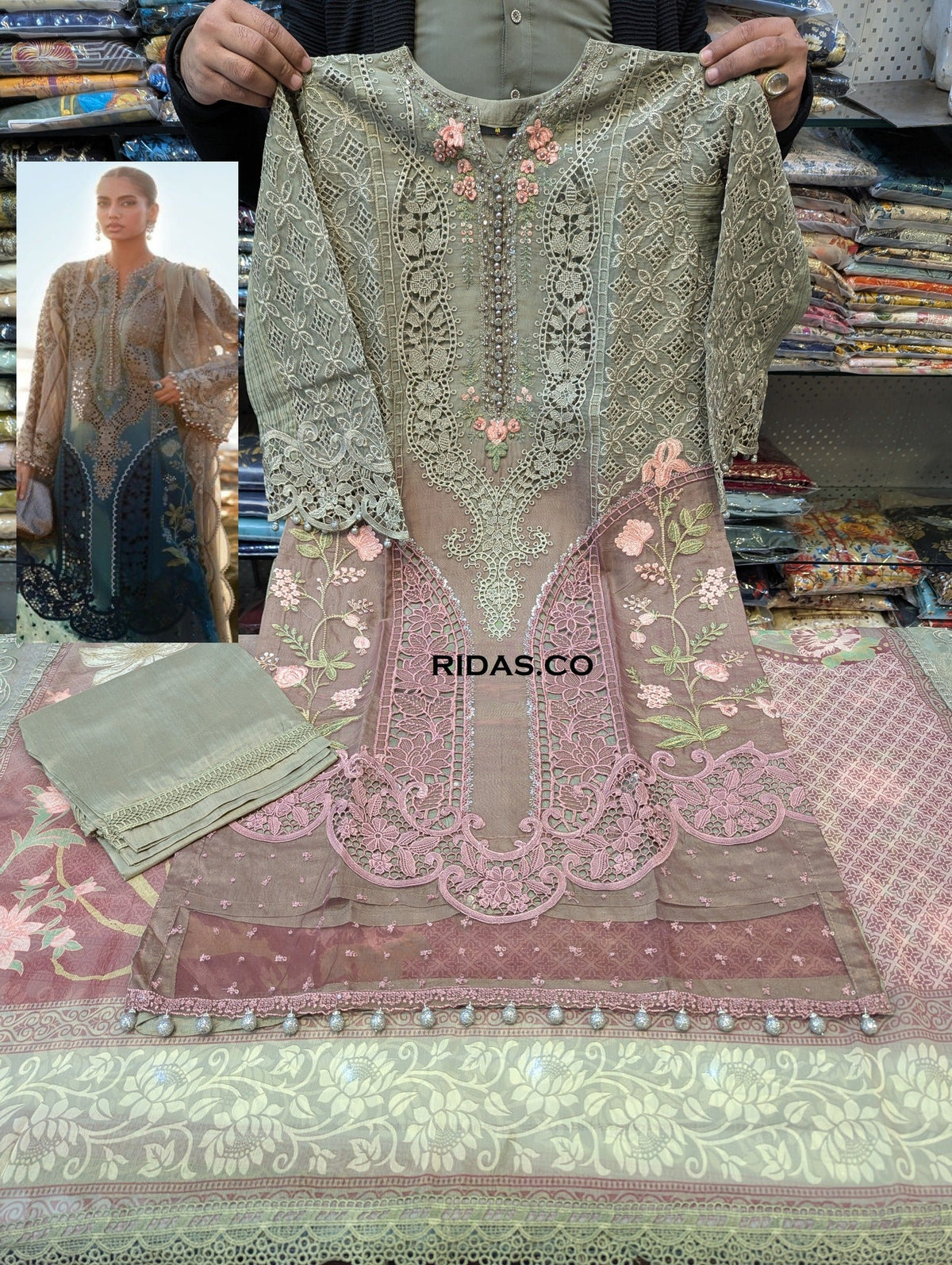 Maria b olive color embroidered dress Mansooj