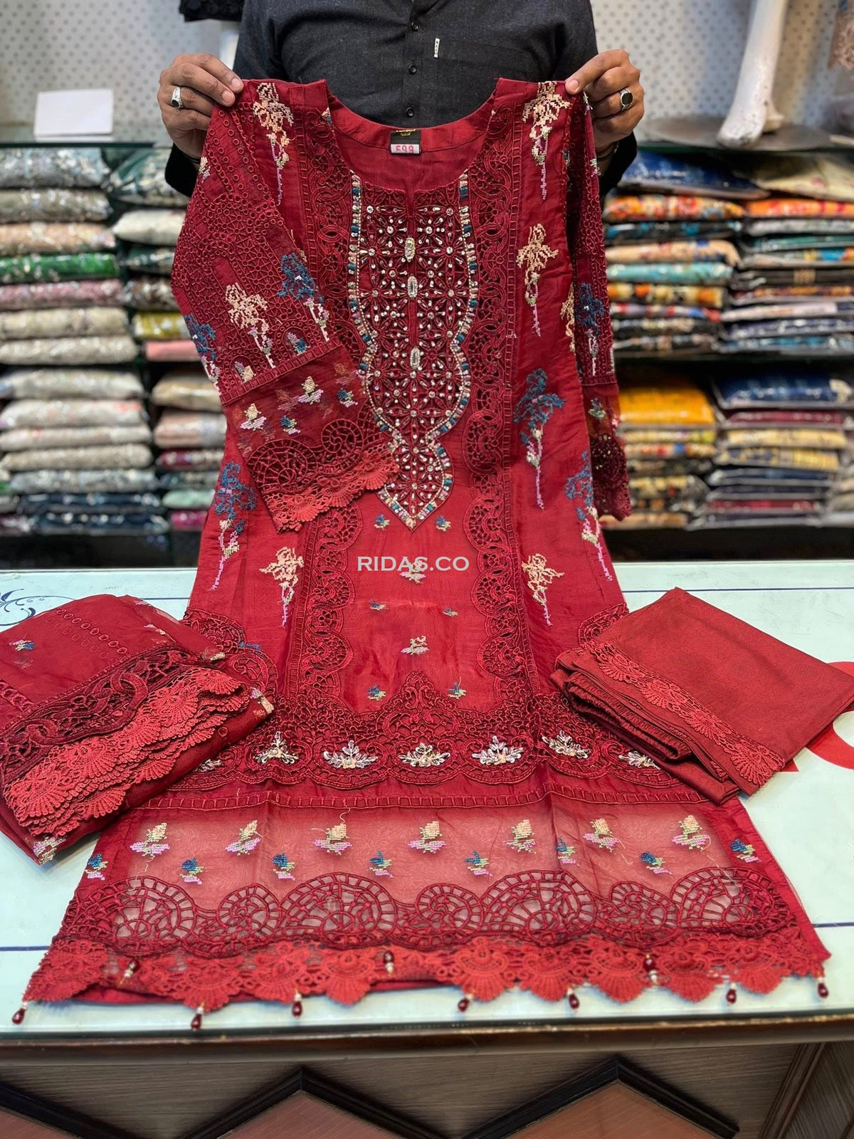 Red color embroidered organza dress Mansooj