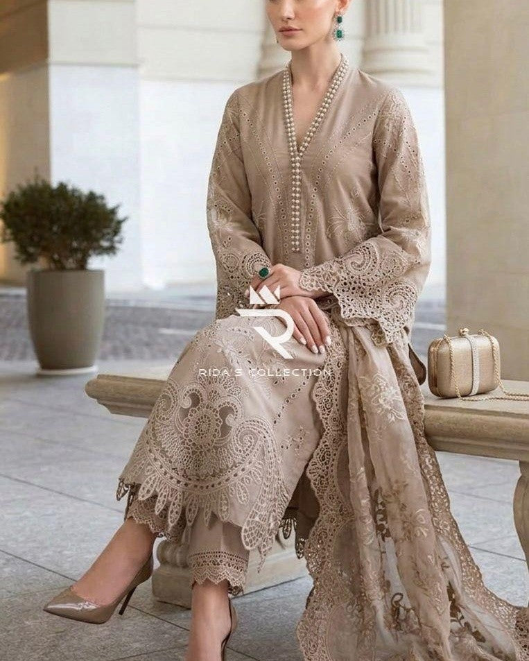 Beige Color embroidered lawn dress