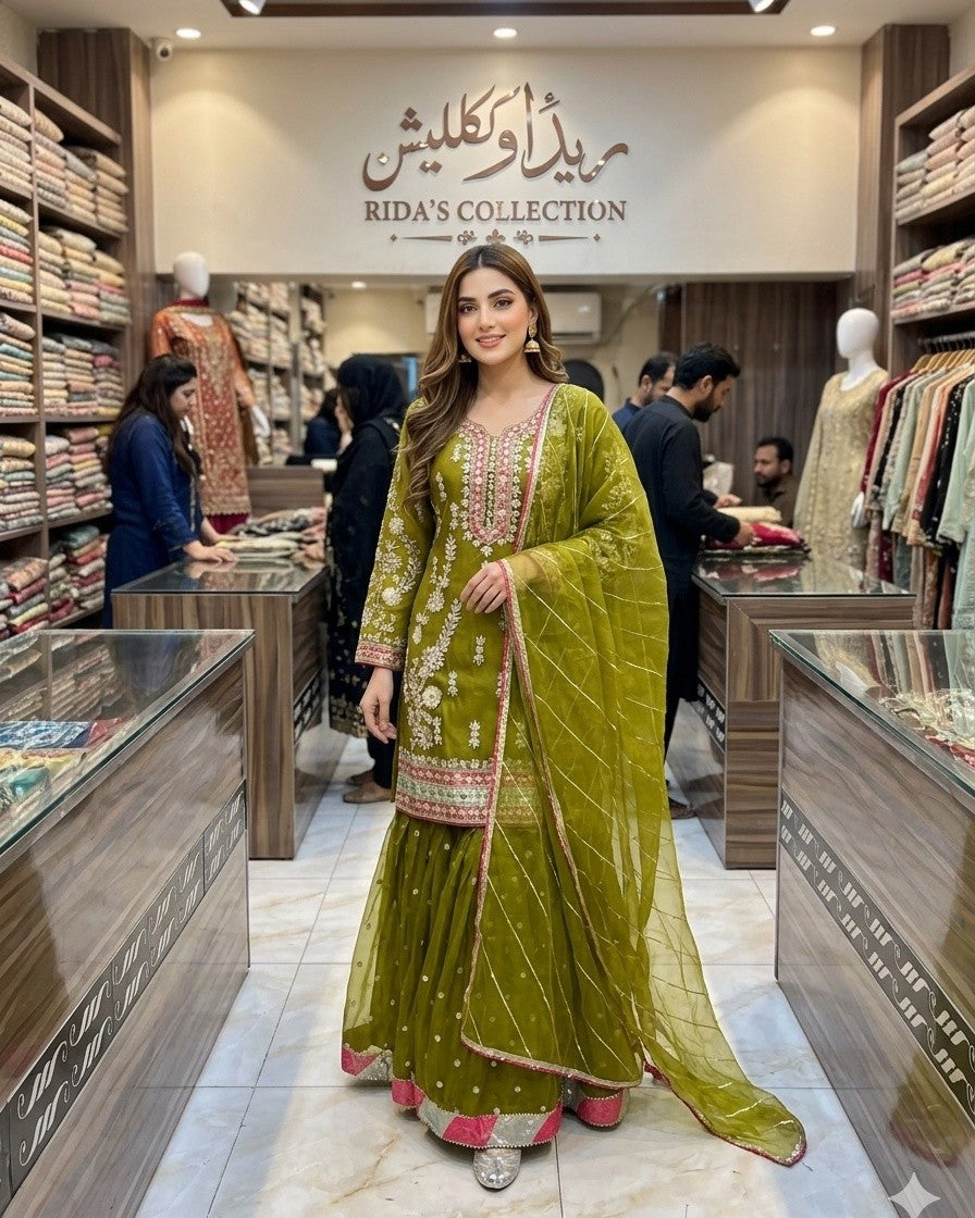 Green Color Embroidered Gharara Dress Rida's Collection