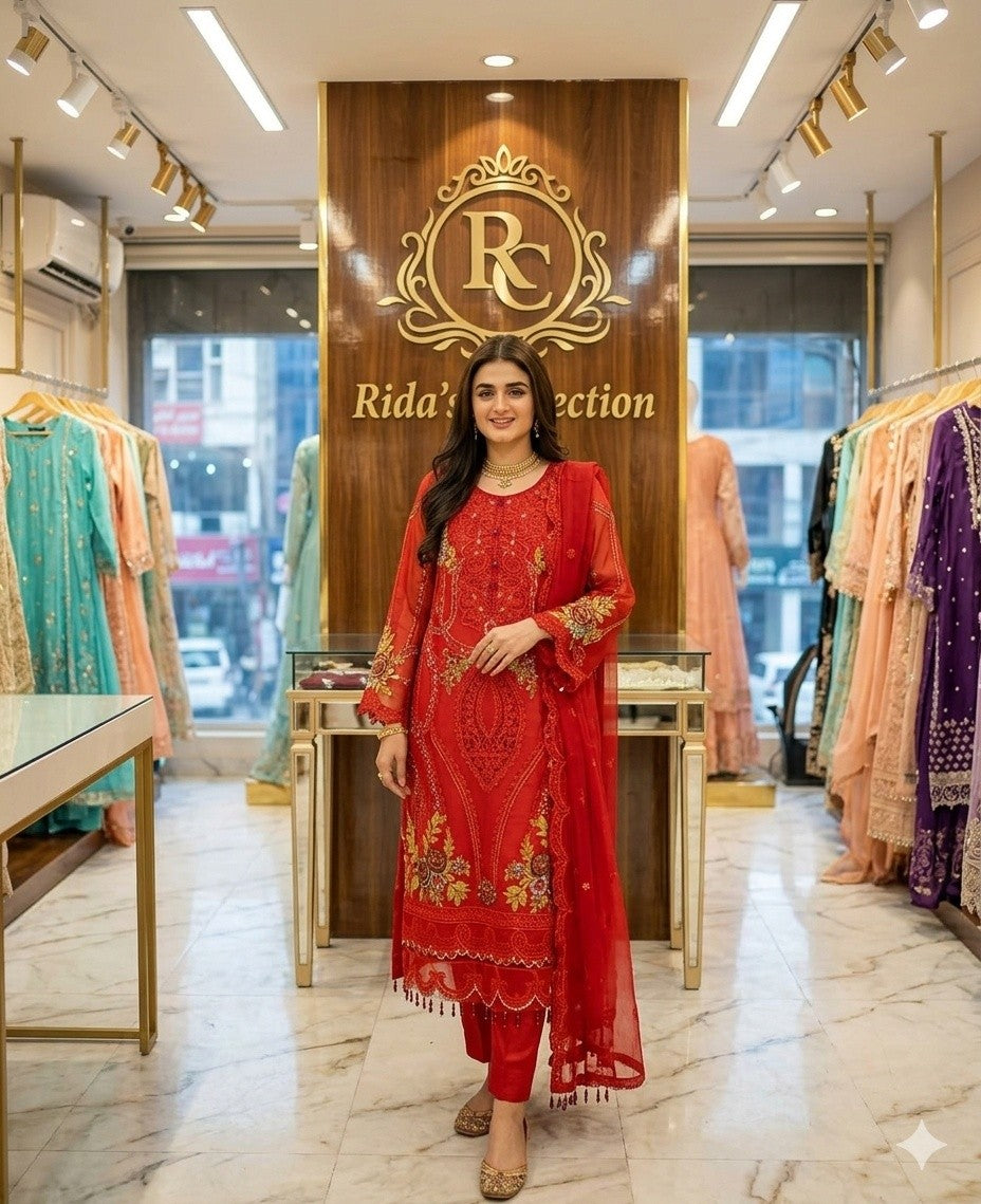 Red Embroidered organza dress Rida's Collection