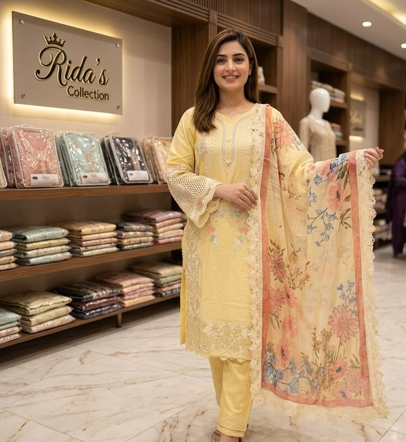 Lemon embroidered lawn dress ARJ11 Areej