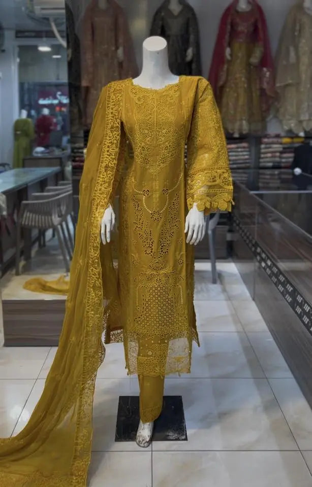 Mustard embroidered lawn dress ARJ02 Areej