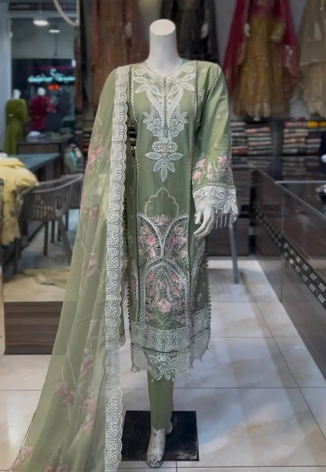 Pistachio embroidered lawn dress ARJ07 Areej