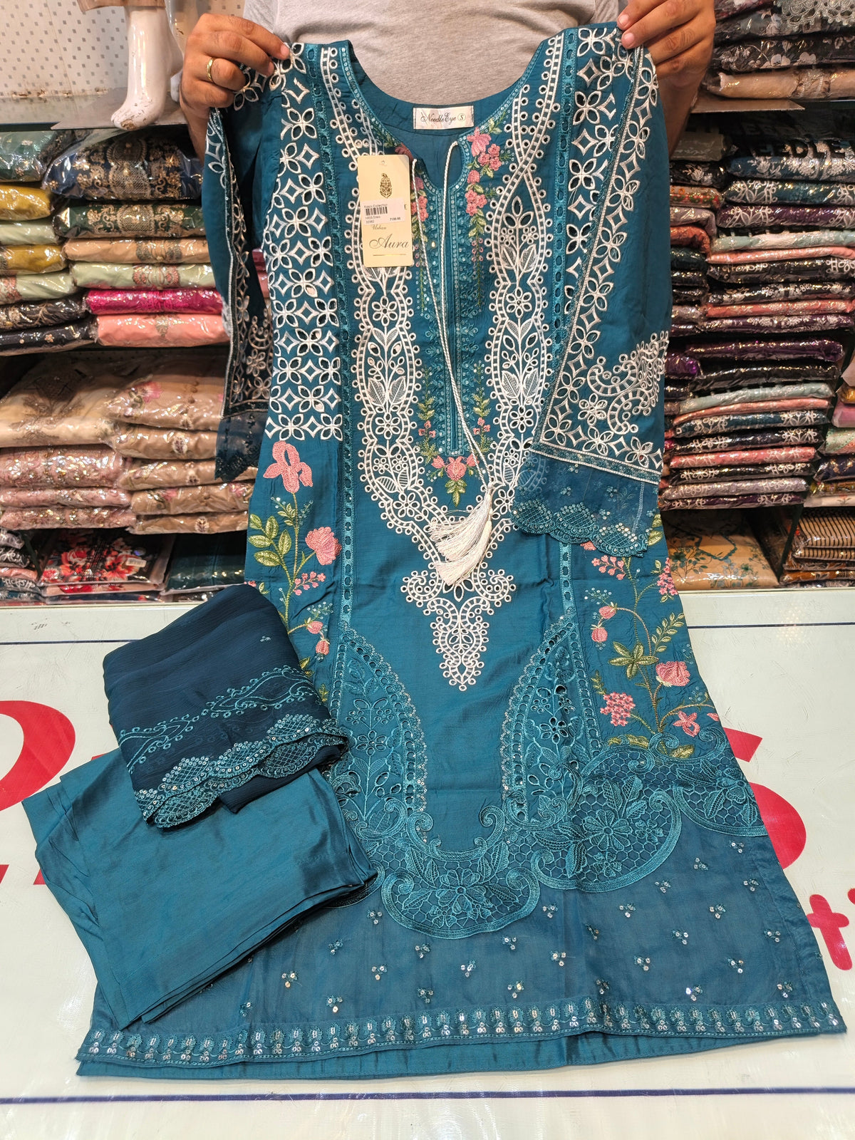 Sea green color viscous embroidered dress 02 AB Kids