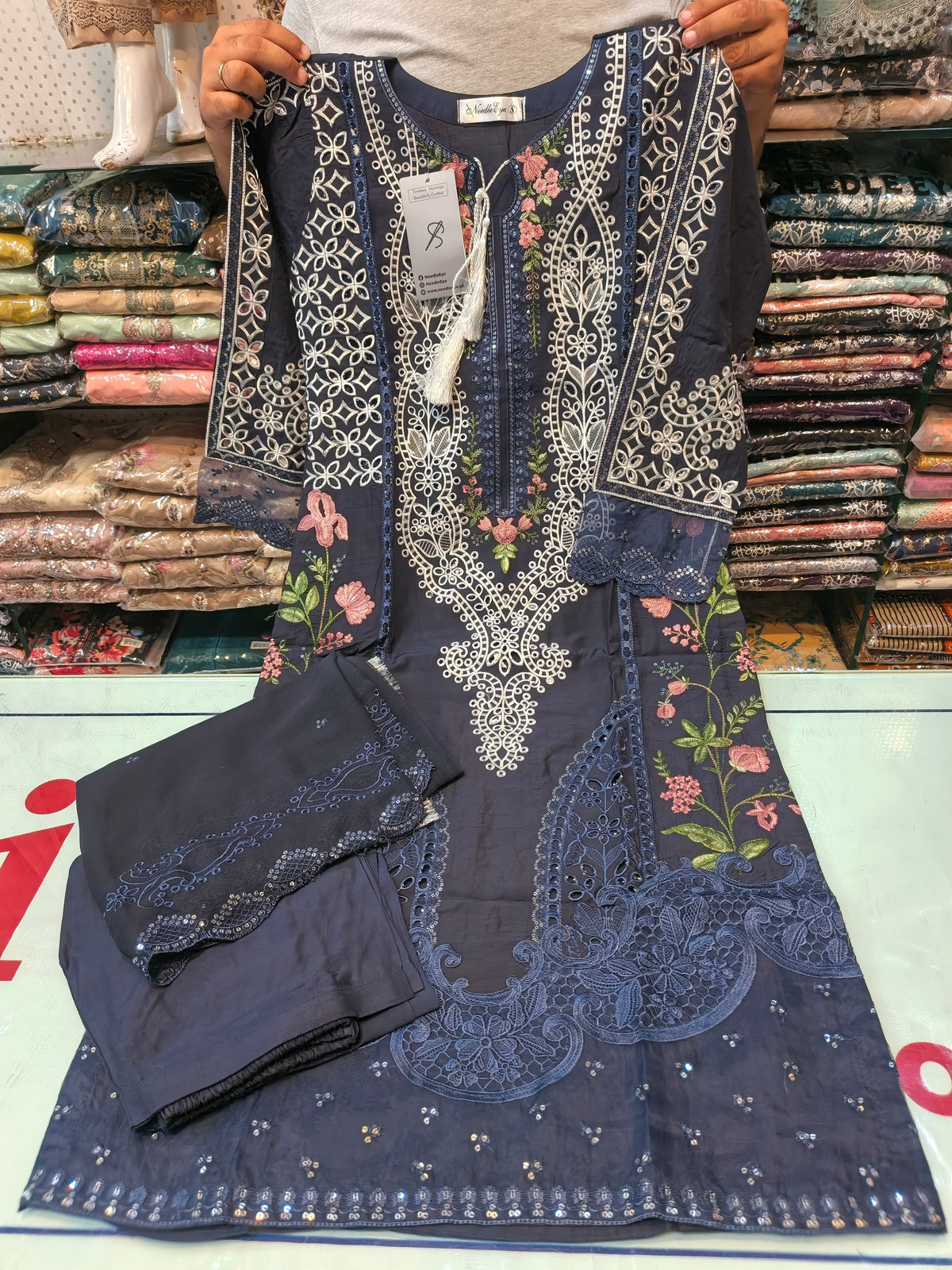 Navy Blue color viscous embroidered dress 03 AB Kids