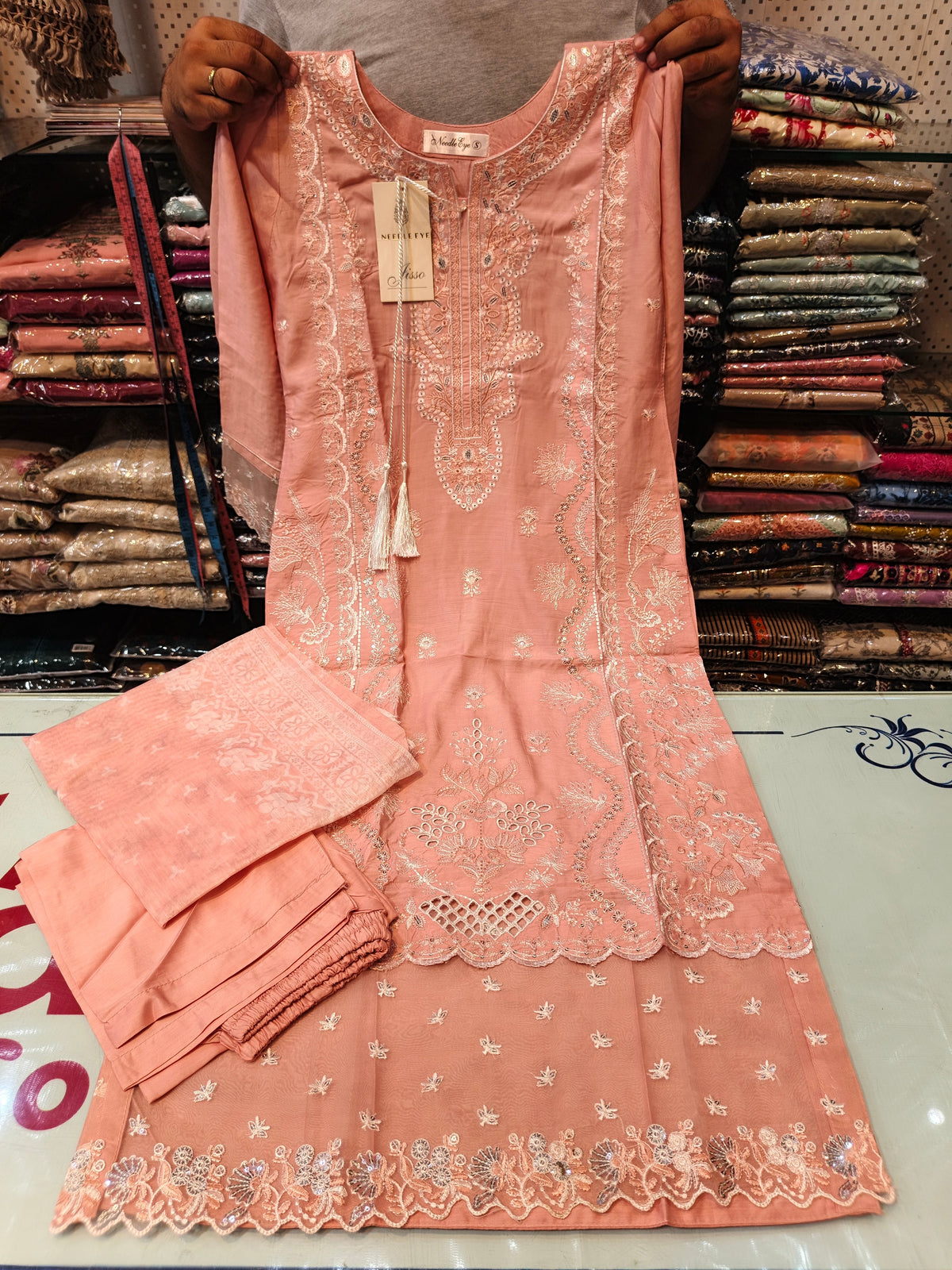 Peach color viscous embroidered dress 18 AB Kids