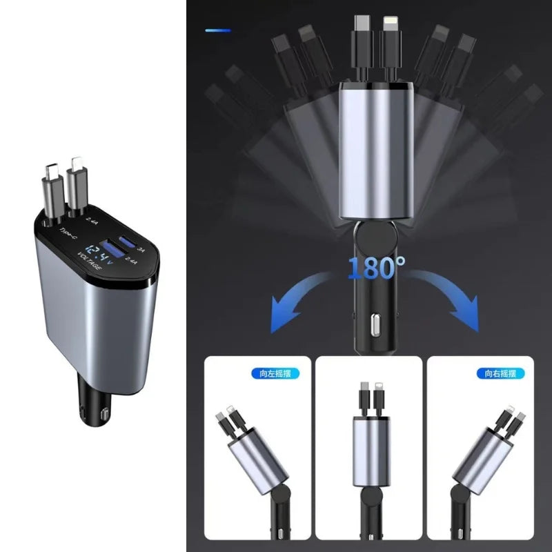 4-in-1 Retractable Car Charger | Dual USB & USB-C PD Fast Charging, 100W YMDS