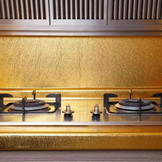 Golden Foil Kitchen Wallpaper Sticker | 60×200cm | Peel & Stick Aluminum Foil Wall Covering | Oil-Proof, Waterproof & Heat-Resistant Decor YMDS