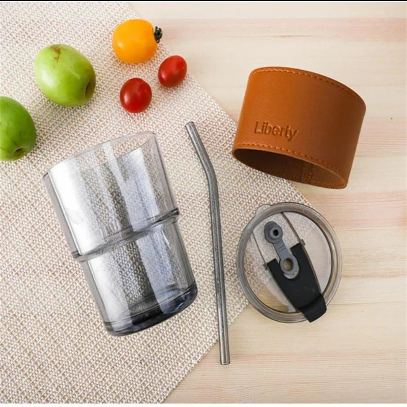 Bamboo Joint Glass Cup with Lid & Straw YMDS