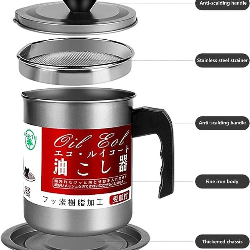 1.4L Fryer Oil Filter Pot Carbon Steel Jug with Stainless Steel Strainer Lid YMDS