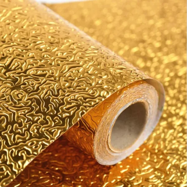 Golden Foil Kitchen Wallpaper Sticker | 60×200cm | Peel & Stick Aluminum Foil Wall Covering | Oil-Proof, Waterproof & Heat-Resistant Decor YMDS