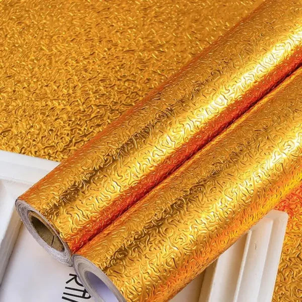 Golden Foil Kitchen Wallpaper Sticker | 60×200cm | Peel & Stick Aluminum Foil Wall Covering | Oil-Proof, Waterproof & Heat-Resistant Decor YMDS