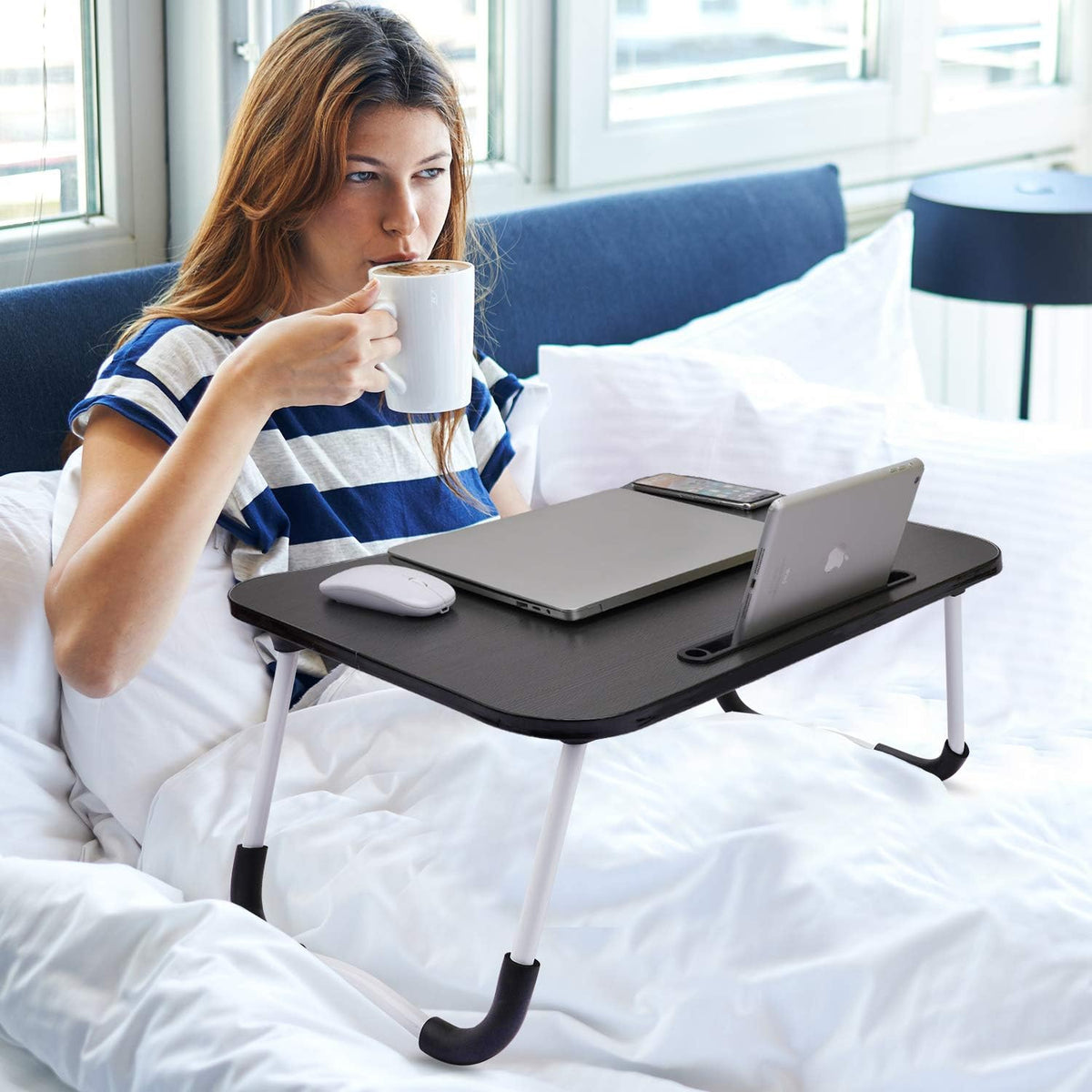 Laptop Table | Black Color | Foldable Legs, Tablet Groove & Cup Slot YMDS
