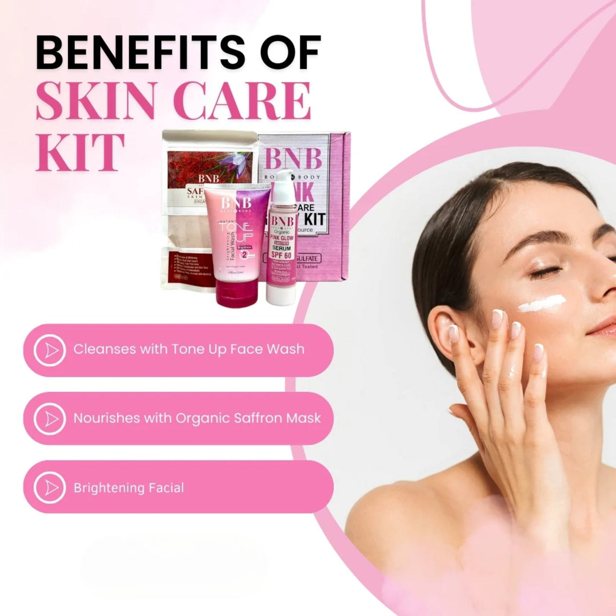 BNB Pink Face Glow Kit | 3-in-1 Skincare Wash Mask SPF Protection Set YMDS