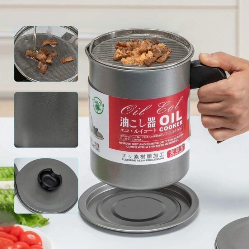 1.4L Fryer Oil Filter Pot Carbon Steel Jug with Stainless Steel Strainer Lid YMDS