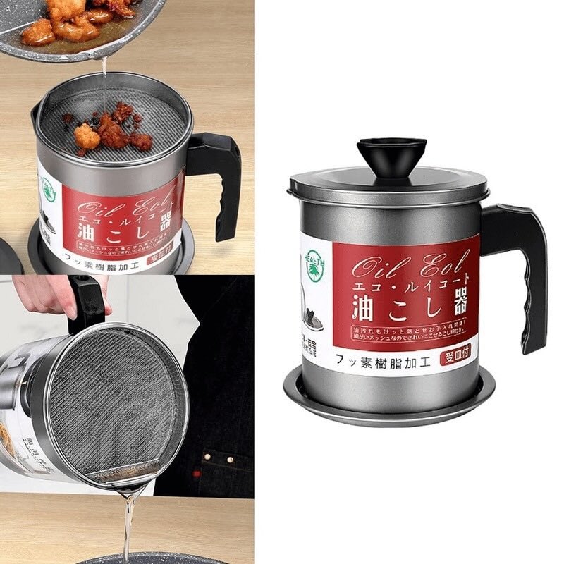 1.4L Fryer Oil Filter Pot Carbon Steel Jug with Stainless Steel Strainer Lid YMDS