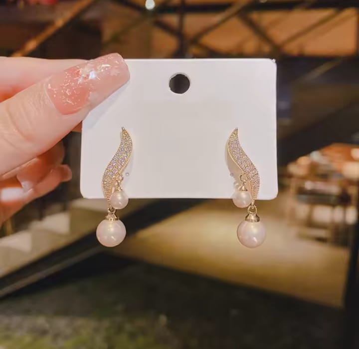 S Shape Crystal Leaf Drop Pearl Zircon Korean Earrings HHC