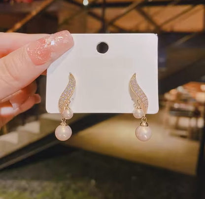 S Shape Crystal Leaf Drop Pearl Zircon Korean Earrings HHC
