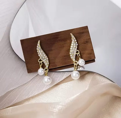 S Shape Crystal Leaf Drop Pearl Zircon Korean Earrings HHC