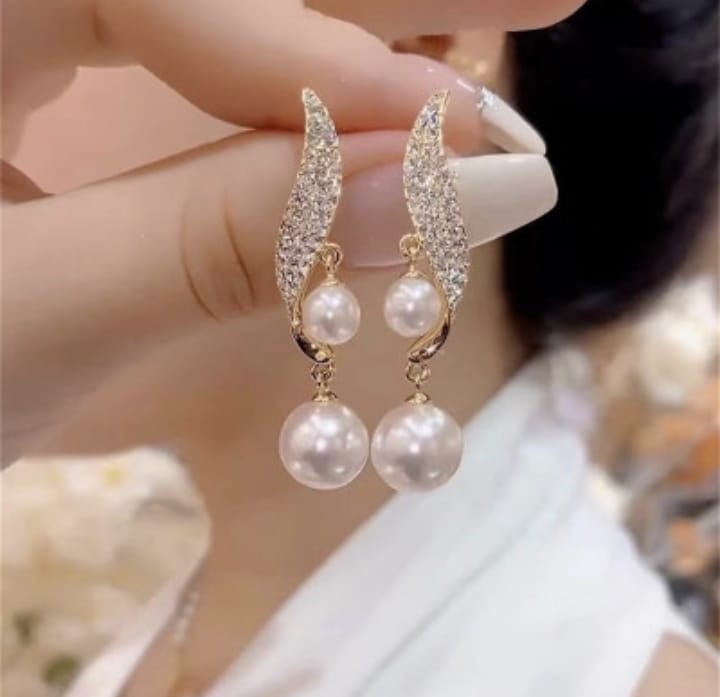 S Shape Crystal Leaf Drop Pearl Zircon Korean Earrings HHC