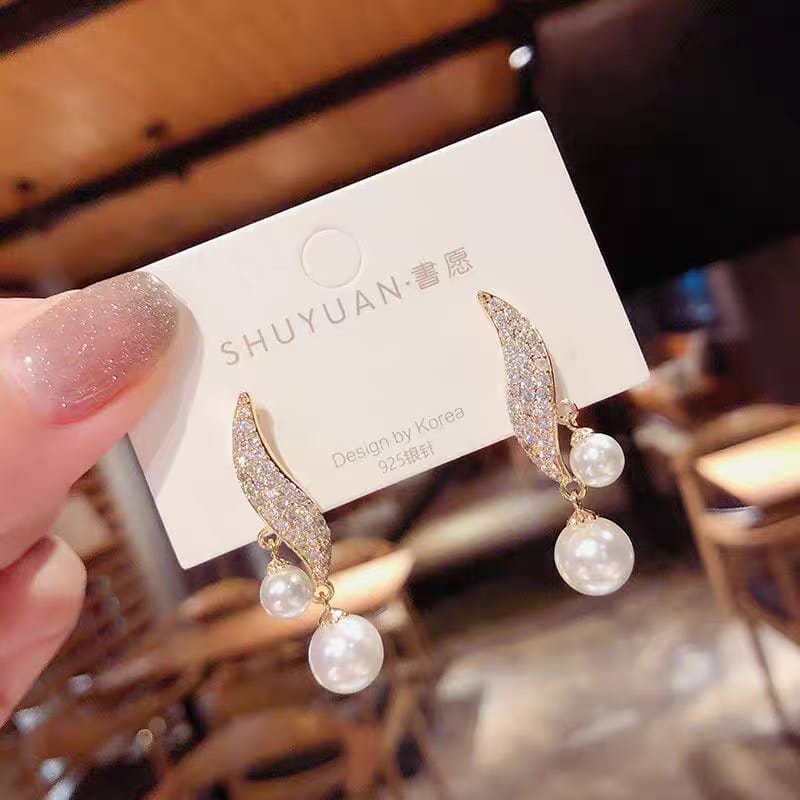 S Shape Crystal Leaf Drop Pearl Zircon Korean Earrings HHC