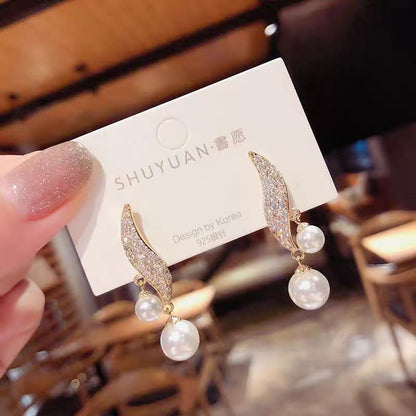 S Shape Crystal Leaf Drop Pearl Zircon Korean Earrings HHC