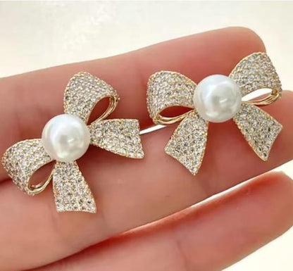 Korean Elegant Zircon Bow Style Pearl Earrings HHC
