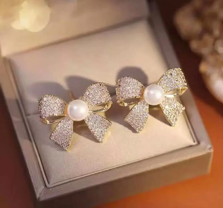 Korean Elegant Zircon Bow Style Pearl Earrings HHC