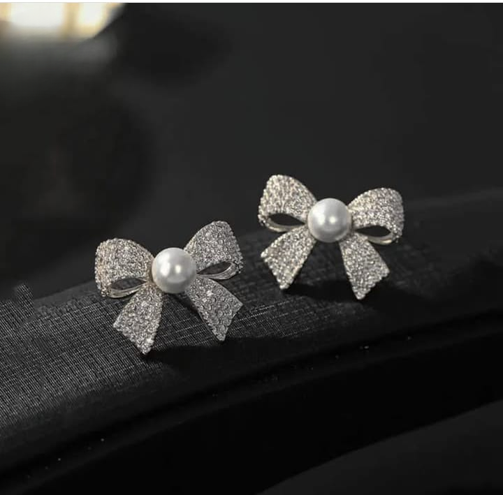 Korean Elegant Zircon Bow Style Pearl Earrings HHC
