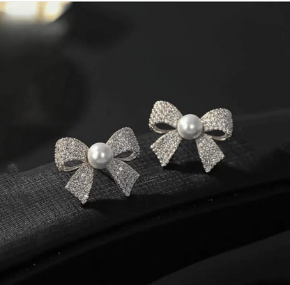 Korean Elegant Zircon Bow Style Pearl Earrings HHC