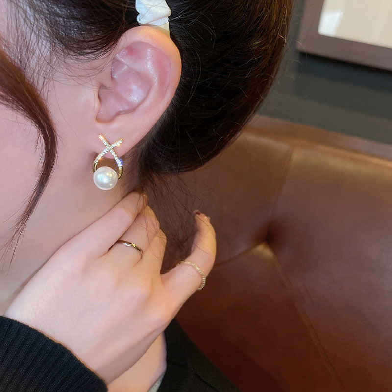 Elegant Golden Cross Pearl Zircon Earrings HHC