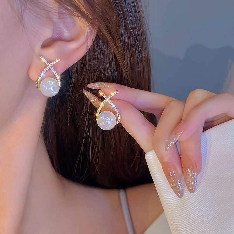 Elegant Golden Cross Pearl Zircon Earrings HHC