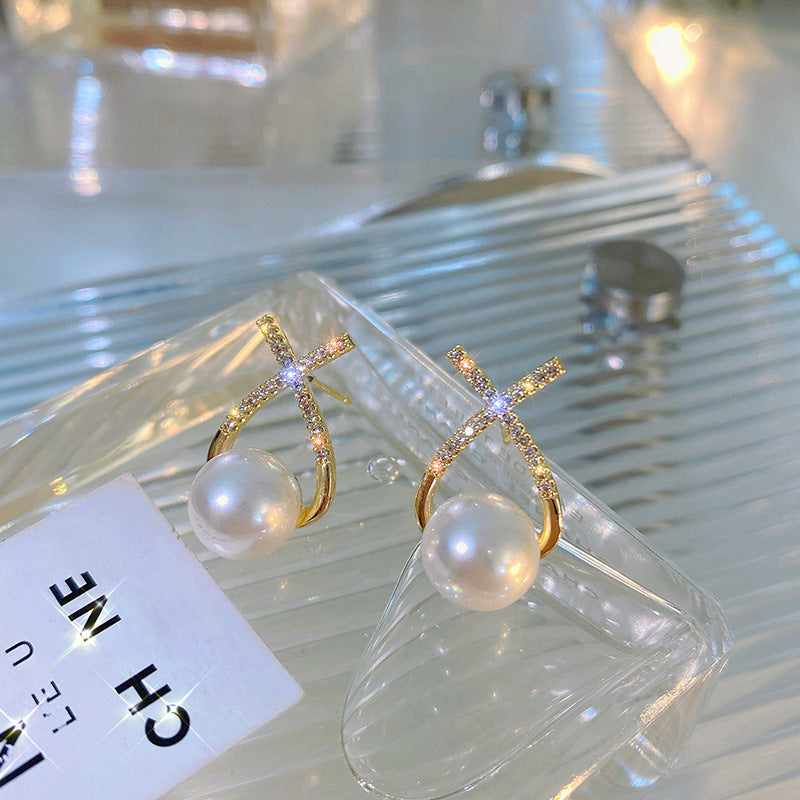 Elegant Golden Cross Pearl Zircon Earrings HHC
