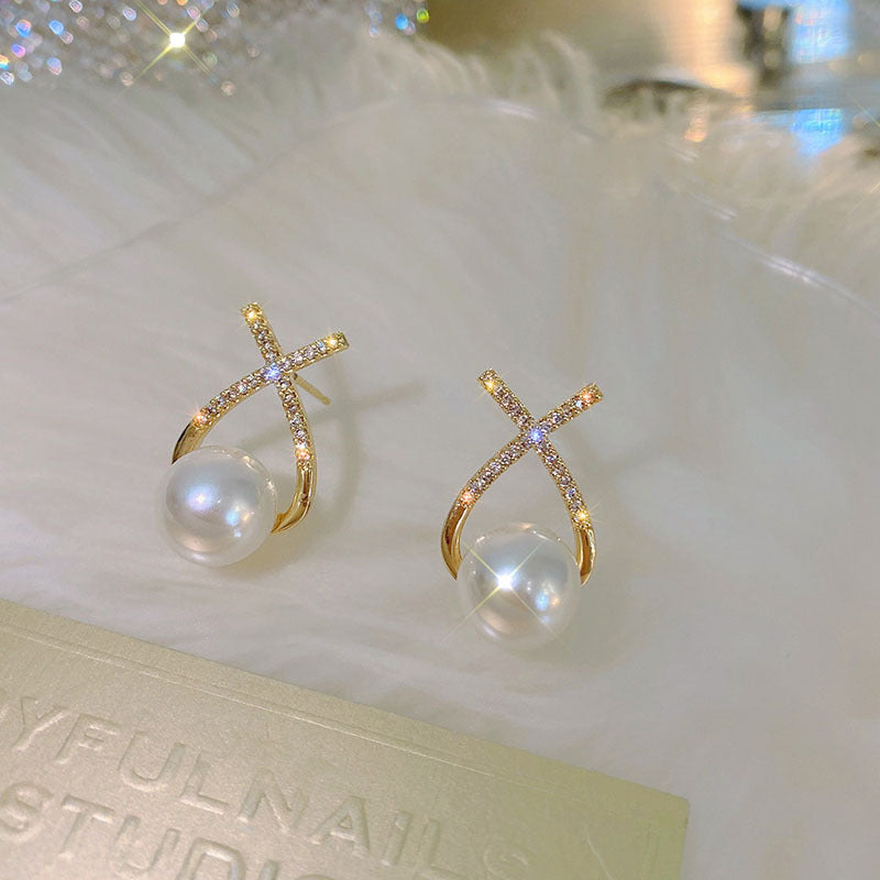 Elegant Golden Cross Pearl Zircon Earrings HHC