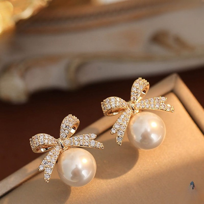 Bow Sparkle Diamond Pearl Stud Earrings HHC