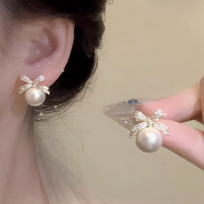 Bow Sparkle Diamond Pearl Stud Earrings HHC