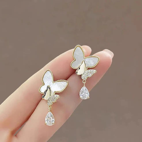 Double Butterfly Hanging Pearl Earrings HHC
