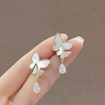 Double Butterfly Hanging Pearl Earrings HHC
