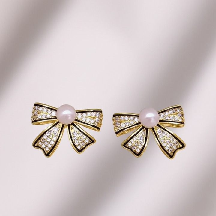 Bow Shape Zircon Pearl Earrings – PJT-995 HHC